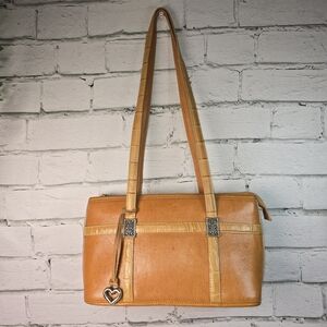 BRIGHTON VINTAGE MEDIUM CAMEL LEATHER CROC DOUBLE HANDLE SHOULDER BAG PURSE TOTE